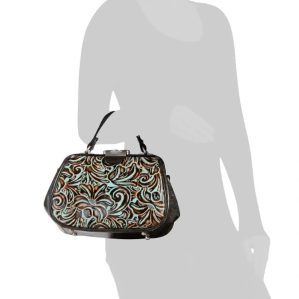 Patricia Nash Turquoise Framed Gracchi Tooled Burnt Leather Crossbody Set - Picture 16 of 16